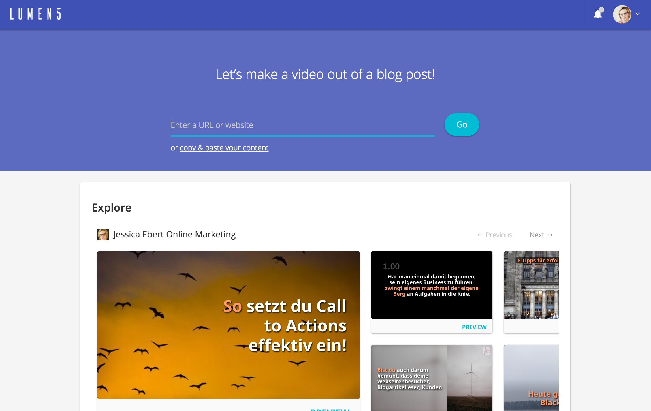 Lumen5 URL oder Text angeben